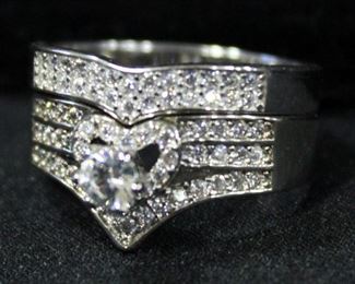 Sterling Silver Wedding Band Set, Size 8, With Gemstones