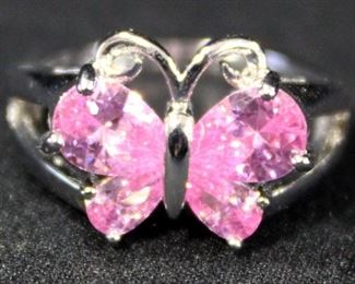 Sterling Silver Ring, Size 5, With Pink Stones In Butterfly Setting