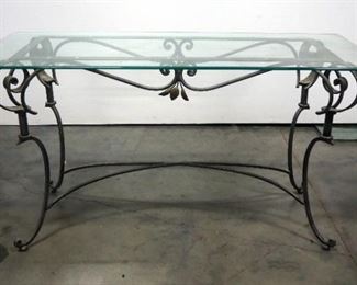 Glass Top Table With Metal Base, 28" Tall x 52" Wide x 20" Deep