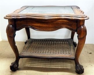 Wood And Glass End Table With Cane Lower Shelf, 21" H x 28" W x 24" D