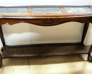 Wood And Glass Entry Table With Cane Lower Shelf, 28" H x 54" W x 17" D