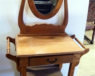 Wood Wash Stand With Single Drawer, Brass Pull And Articulating Mirror, 57" H x 31" W x 16.5" D