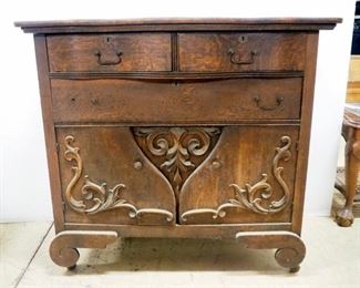 ABC Furniture Company Antique Wood Buffet With 3 Drawers And Lower Cabinet, Serpentine Front Top, Missing 1 Pull, 38.5" H x 42" W x 22" D