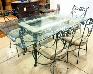 Glass Topped Dining Table With Beveled Edge, 30" H x 42" W x 72" L, With 5 Matching Metal Chairs With Padded Sheets