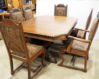Wood Dining Room Table With Carved Wood Edges, On Wheels, 30" H x 61" L x 47.5" W, With 6 Matching Upholstered Chairs