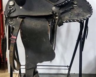 17" Western Show Saddle, With Silver Hardware And Accents, Rough Out Seat, Stirrups, And Billets
