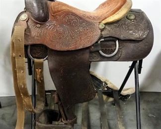Longhorn 17" Tooled Leather Western Saddle With Covered Stirrups, Girth And Billets, Stand Not Included