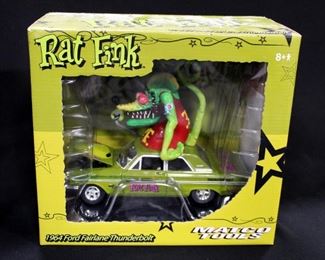 Rat Fink 1:24 Scale Diecast Models, Includes 1964 Ford Fairlane Thunderbolt, 1950 Divco Delivery Truck, And Ford Mercury Chop Top Hot Rod, Total Qty 3