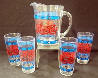 Pepsi- Cola Stained Glass Styled Glass Pitcher And 4 Tumbler Set