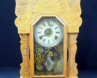 Antique Sessions Table Clock With Carved Wood And Stenciled Glass Door, Includes Winding Key