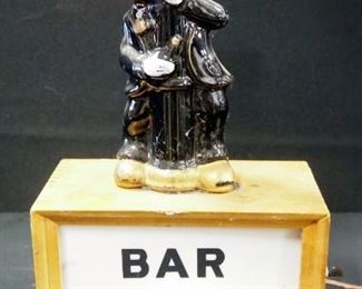 Bar Open Lighted Sign With Ceramic Red Nosed Drunk On Top, 15" High, Powers On