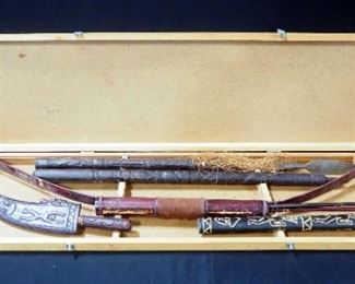 African Inspired Bow And Arrow, Spear, Hatchet And Knife Set, In Case