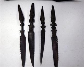 African Inspired Wood Knife Art, Approx 15" Long, Qty 4 And Wood Spear, 19" Long