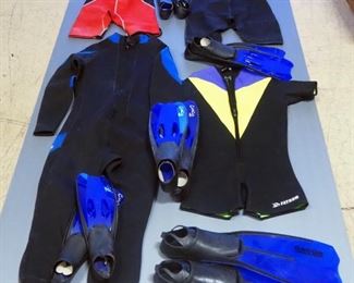 XCEL And Fathom Short Wetsuits, XCEL Size 12, 16 And XL, Fathom Size Medium, Qty 4 And 5 Pairs Of Flippers, All Different Sizes