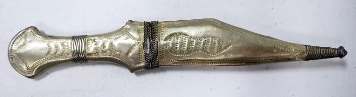 Double Edged Knife With Gold Toned Handle In Metal Sheath, 9.75" OL