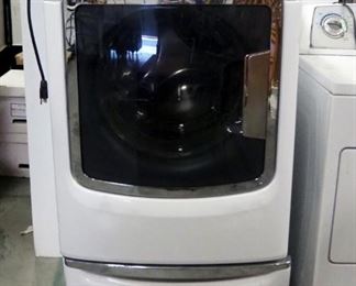 Maytag Maxima Front Load HE Electric Washer, Model MHW6000XW2, With Lower Storage Compartment, Some Dents On Sides, Powers On