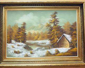Original Oil On Canvas By S. Walford Of Cabin By Lake In Mountains, Framed, 43.5" W x 31.75" W
