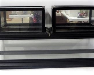 Three Display Cases For Diecast Cars, Wood Framed, 1 Is 7" H x 28" W x 8" D With Mirrored Bottom, 2 Are 6.25" H x 13.5"W x 7.5" D, With Mirrored Back