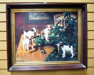 John Hayes Print On Board Of "The Piper", Dogs Gnawing On Bagpipes, 24" W x 20" H
