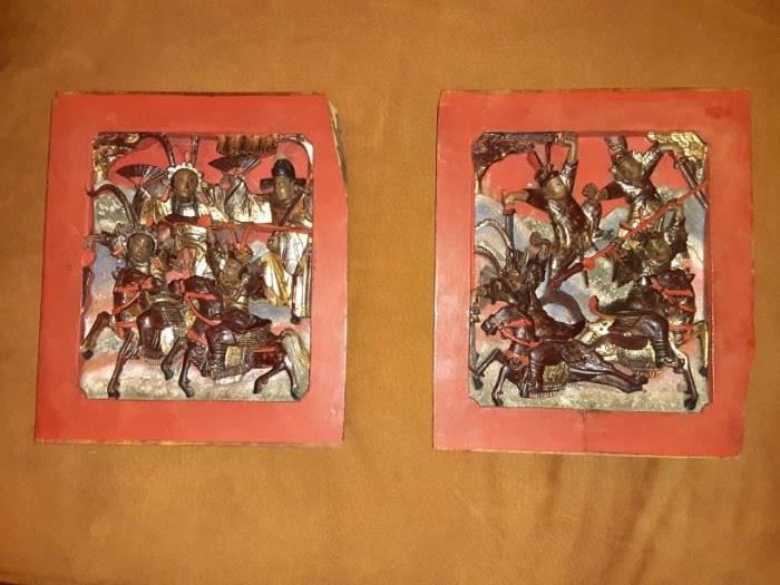Pair of antique Japanese wood carved transom panels