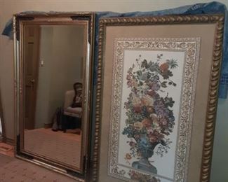 Very large decorative framed French tapestry and large mirror