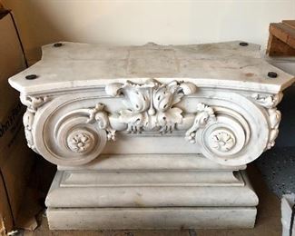 CARVED MARBLE CAPITAL GLASS TOP COFFEE TABLE