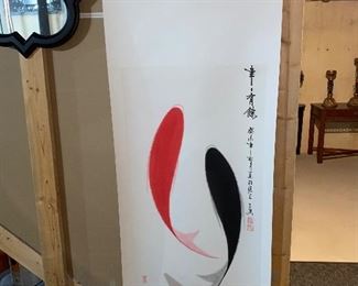 JAPANESE HANGING SCROLL ART PAINTING RED AND BLACK FISH 