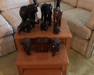 Oak Nesting tables, carved elephants