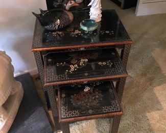 Hand painted black enamel Asian nesting tables