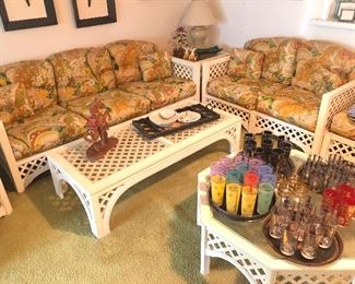 Cool 1970's pit group with 2 coffee tables, loveseat, sofa, ottman and chair with 2 end tables plus console table and eterge!