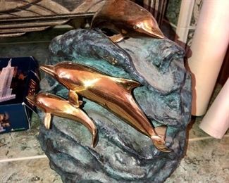 Heavy brass memorial cremation urn w/ dolphins