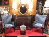PAIR VINTAGE 1940's ARMCHAIRS, CARVED WOOD NUDE FIGURAL ARMS, BLACK FINISH, BLUE STRIPED TONE ON TONE UPHOLSTERY, EXCELLENT CONDITION