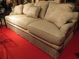 IMMACULATE DESIGNER SOFA, ERWIN-LAMBETH FOR THOMLINSON, BEIGE NATURAL LINEN UPHOLSTERY, LINEN JACQUARD PILLOWS, GOOSE DOWN CUSHIONS, PLEATED ROLL ARMS, FRINGED BASE, EXCELLENT LIKE NEW CONDITION