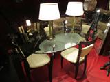 CONTEMPORARY OVAL DINING TABLE, 2 TIER GLASS TOP, ESPRESSO FINISH BASE WITH CHROME ACCENTS, 4 DINING CHAIRS WITH CREAM COLOR LEATHERETTE UPHOLSTERY