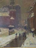 ARTHUR C. GOODWIN (AMERICAN,1864-1929) ORIGINAL OIL PAINTING ON CANVAS, PARK STREET CHURCH, BOSTON IN WINTER, SIGNED "AC GOODWIN" LOWER RIGHT, INSCRIBED ON VERSO "PAINTED IN FEB. '25 (FOR 1925), APPROX 29" X 35" VISIBLE, APPROX 38.5 X 44", AUTHENTICATED AND APPRAISED BY CERTIFIED FINE ARTS APPRAISER PATRICK COFFEY