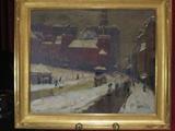 ARTHUR C. GOODWIN (AMERICAN,1864-1929) ORIGINAL OIL PAINTING ON CANVAS, PARK STREET CHURCH, BOSTON IN WINTER, SIGNED "AC GOODWIN" LOWER RIGHT, INSCRIBED ON VERSO "PAINTED IN FEB. '25 (FOR 1925), APPROX 29" X 35" VISIBLE, APPROX 38.5 X 44", AUTHENTICATED AND APPRAISED BY CERTIFIED FINE ARTS APPRAISER PATRICK COFFEY