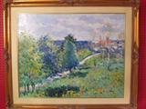 OMAR MALVA ORIGINAL OIL PAINTING ON CANVAS, LANDSCAPE WITH VILLAGE, SIGNED "MALVA" AND DATED 1987 LOWER RIGHT, VERY GOOD CONDITION, AUTHENTICATED AND APPRAISED BY PATRICK COFFEY, CERTIFIED FINE ARTS APPRAISER, IN 2005, APPROX 31" X 39" VISIBLE, APPROX 41" X 48" FRAMED