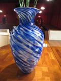 MURANO ART GLASS VASE, BLUE & WHITE SWIRL DESIGN, WITH MURANO MADE IN ITALY STICKER, APPROX 13" HIGH