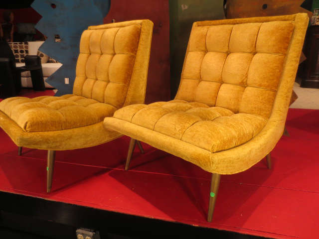 Fabulous pair vintage 1970's chairs, in original gold crushed velvet upholstery.