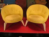 Pair vintage 1970's shell back chairs, tufted button backs, light finish legs