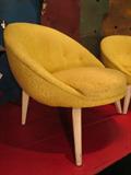 Pair vintage 1970's shell back chairs, tufted button backs, light finish legs