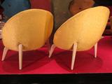 Pair vintage 1970's shell back chairs, tufted button backs, light finish legs