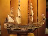 Large handmade wooden British warship model, approx 3 ft long, excellent condition