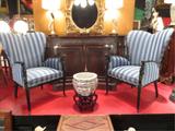 PAIR VINTAGE 1940's ARMCHAIRS, CARVED WOOD NUDE FIGURAL ARMS, BLACK FINISH, BLUE STRIPED TONE ON TONE UPHOLSTERY, EXCELLENT CONDITION