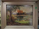 WILLIAM CHADWICK OIL ON CANVAS BOARD, LANDSCAPE SCENE WITH POND, SIGNED W. CHADWICK LOWER RIGHT,APPROX 13" X 15.5" FRAMED