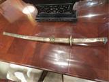 JAPANESE SAMURAI SWORD WITH SIGNATURE, SHOWS FOLDS IN METAL, ELABORATELY DETAILED SCABBARD, APPROX 40" LONG