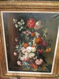 REINHARD MICHEL (GERMAN, 1927) ORIGINAL OIL ON CANVAS, FLORAL STILL LIFE IN THE MANNER OF DUTCH 18TH CENTURY MASTERS, CIRCA 1960, AUTHENTICATED AND APPRAISED BY PATRICK COFFEY, CERTIFIED FINE ARTS APPRAISER, IN 2005, APPROX 29.5" X 23.5" VISIBLE, APPROX 38" X 32" FRAMED