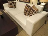 CONTEMPORARY WHITE LEATHER SOFA, SQUARE ARMS, BRUSHED STEEL LEGS, 110"L, EXCELLENT CONDITION