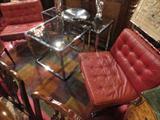 Pair vintage Barcelona chairs, chrome with brick red leather tufted seats