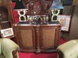 TOMMY BAHAMA STYLE BAR, BLACK MARBLE VENEER TOP, EMBOSSED LEATHER FRONT DRAWERS, RATTAN PANELS, STEMWARE RACK, APPROX 5.5'L